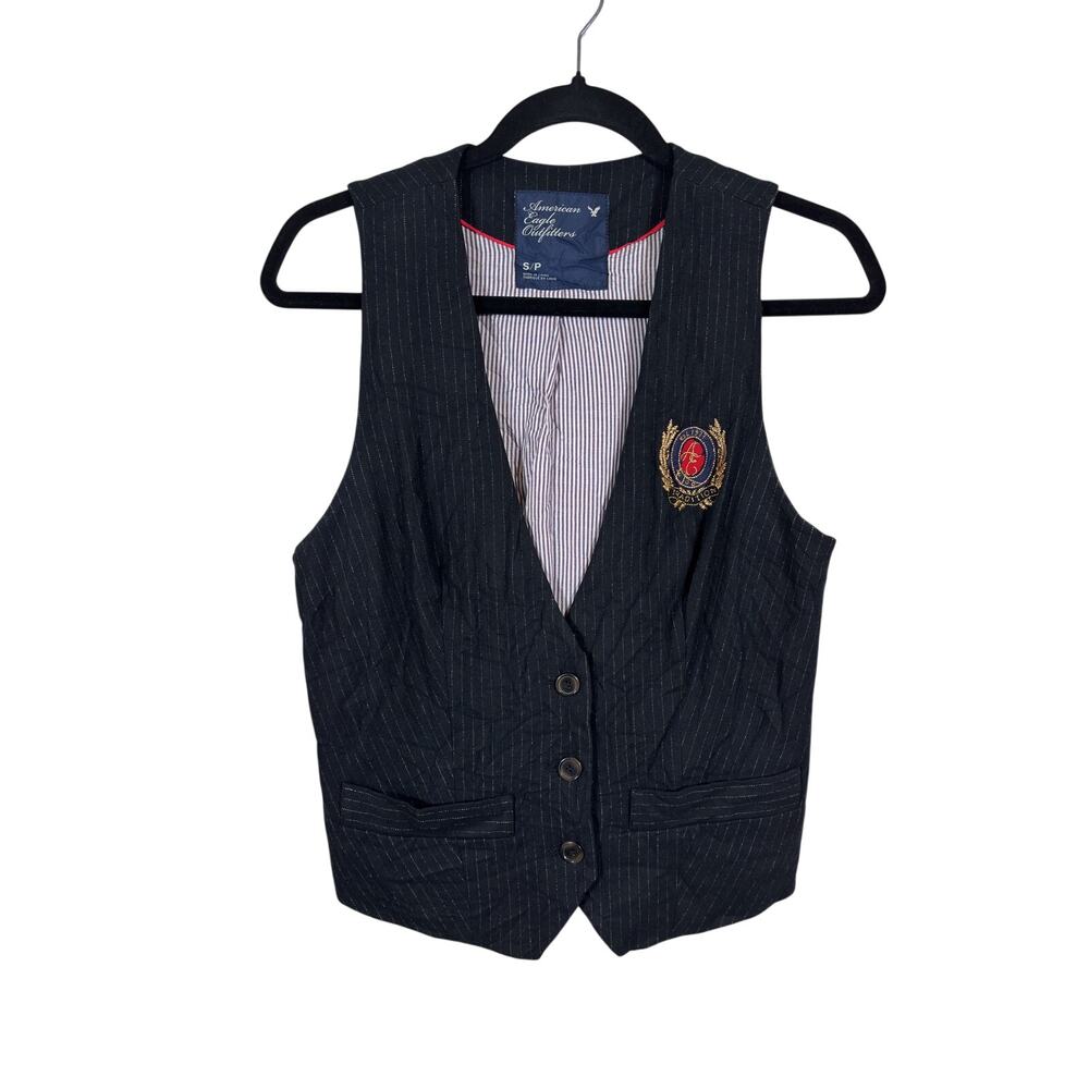 American Eagle Outfitters Vest Womens Small Black Pinstripe Y2K Wool Blend